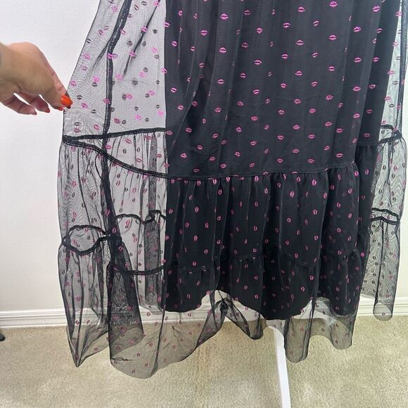 Betsey Johnson Vintage Black Mesh Midi Dress Pink Lip Fairy Goth Y2K Size 8 - Picture 5 of 14